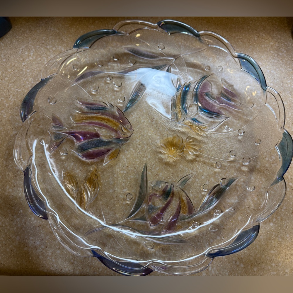 Mikasa Vintage Tropical Key Largo Glass Plate Fish Design 15 inch Blue and Gold
